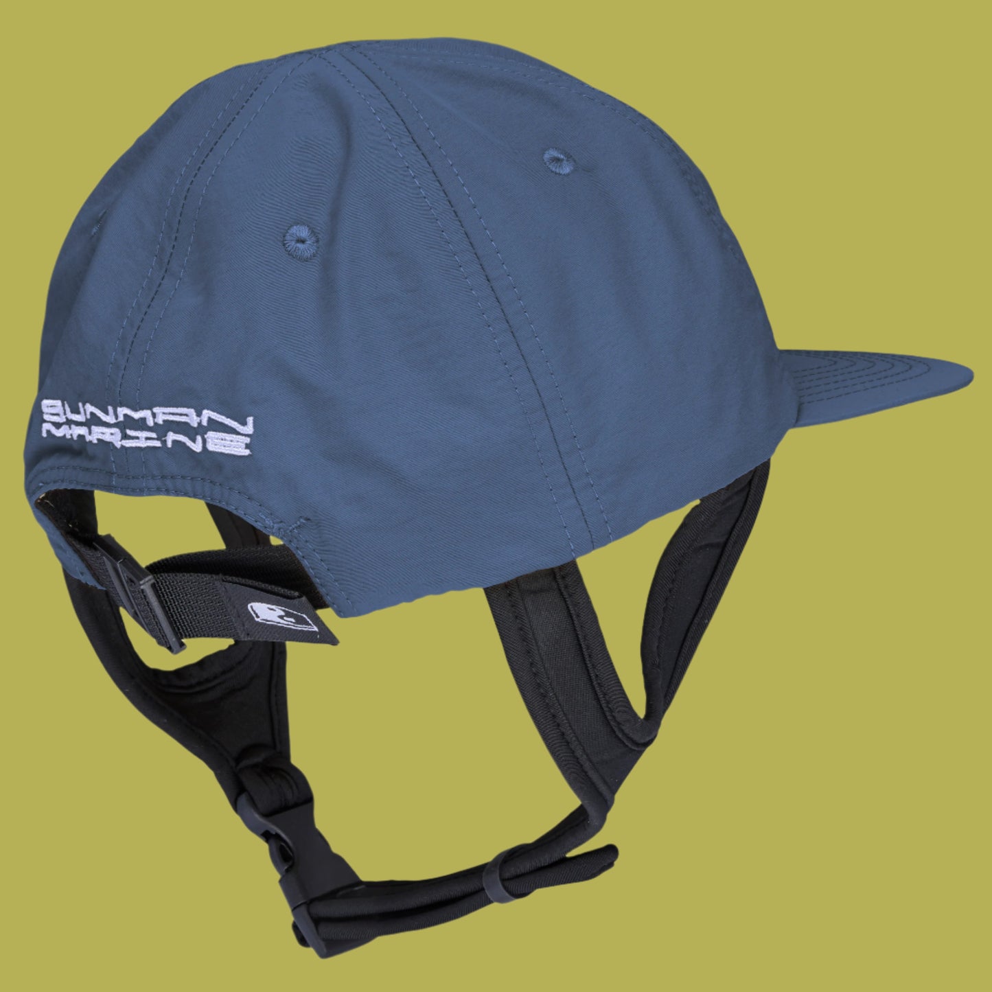 Blue helmet with chin strap and 'Sunman Marine' branding on a white background