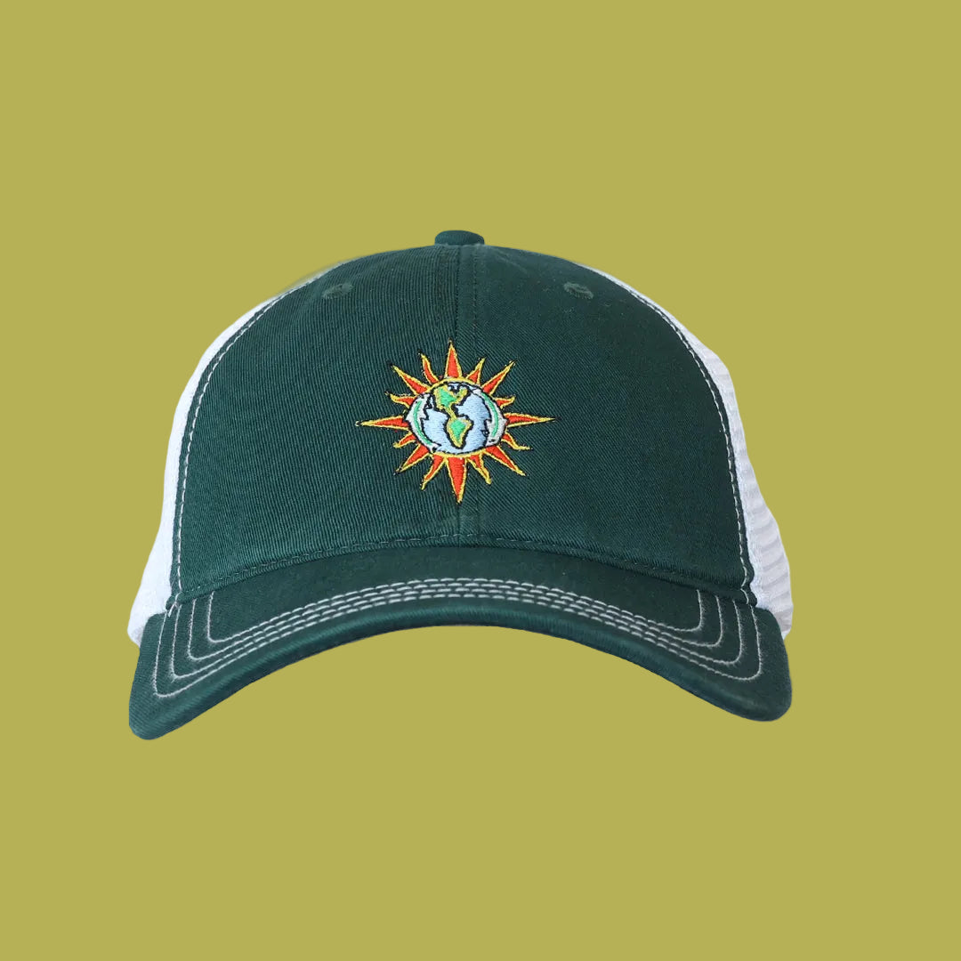 green trucker cap with dolphin world graphic embroidery