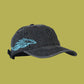 Black cap with a blue logo on a white background
