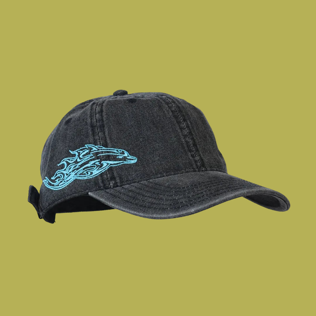 Black cap with a blue logo on a white background